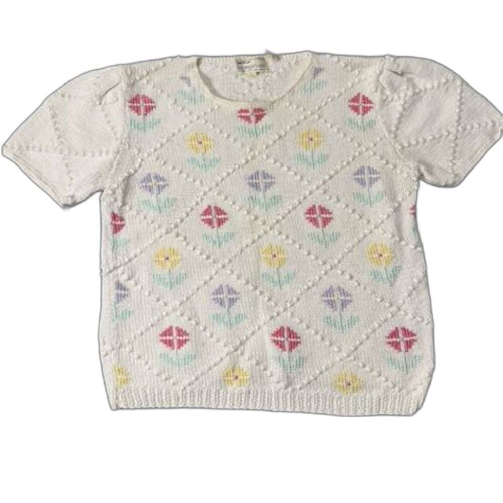 Vintage The Eagle's Eye Hand Knit Floral Sweater Tee Women's L Cottagecore